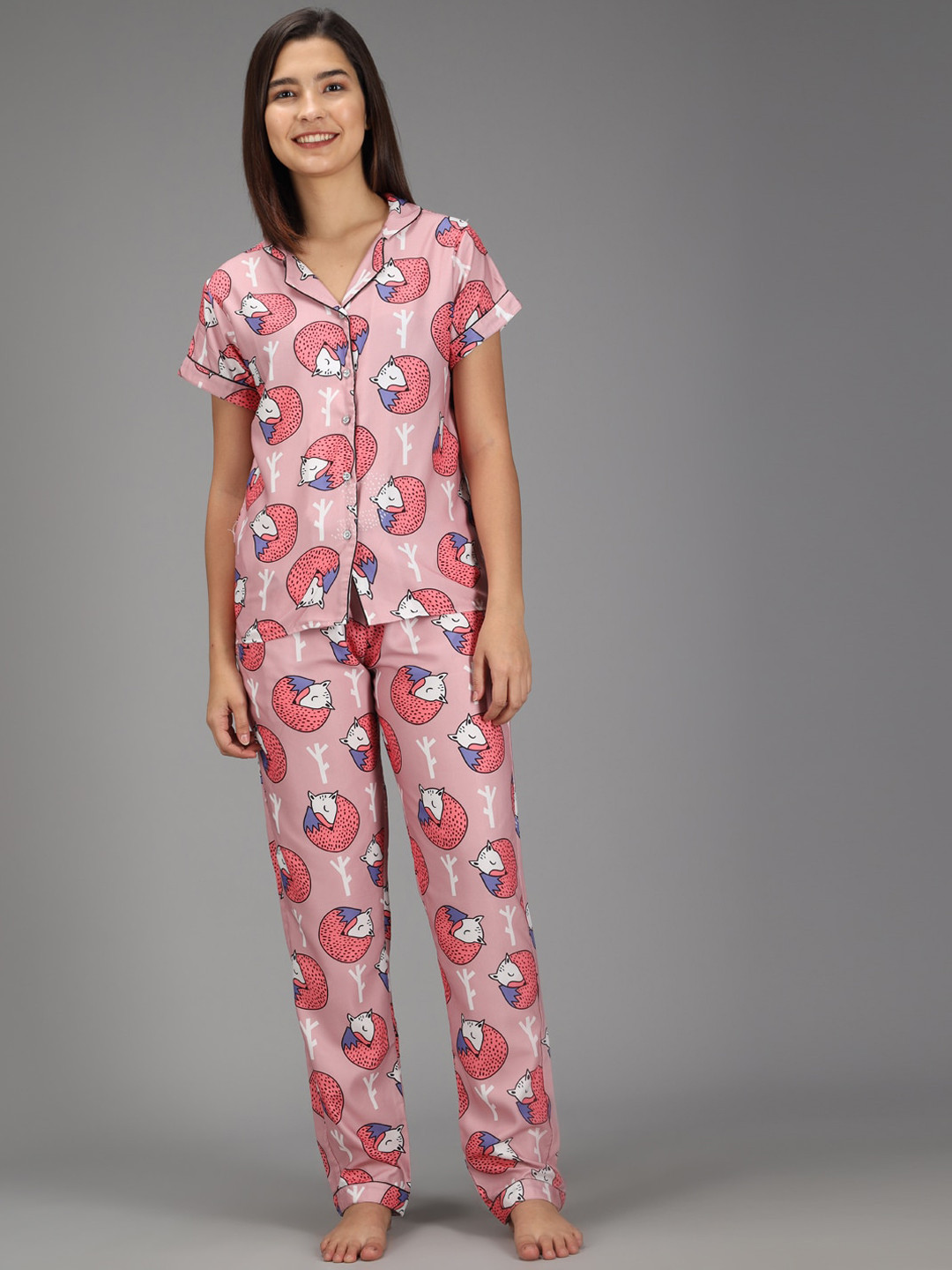 SEPHANI Women Pink & Lavender Printed Night suit