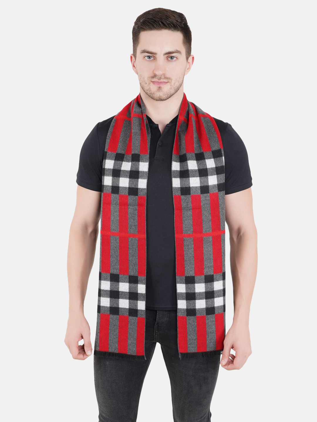 MUFFLY Men Red & Black Checked Printed Reversible Woven Muffler