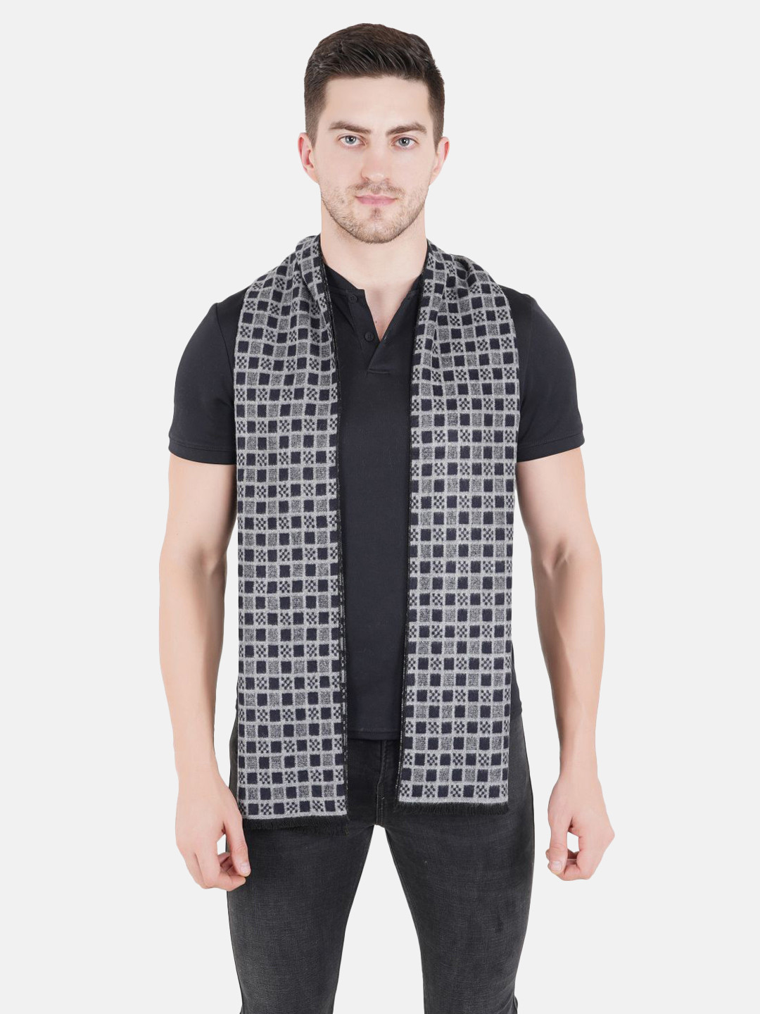 MUFFLY Black & Grey Printed Woven-Design Knitted Woolen Muffler