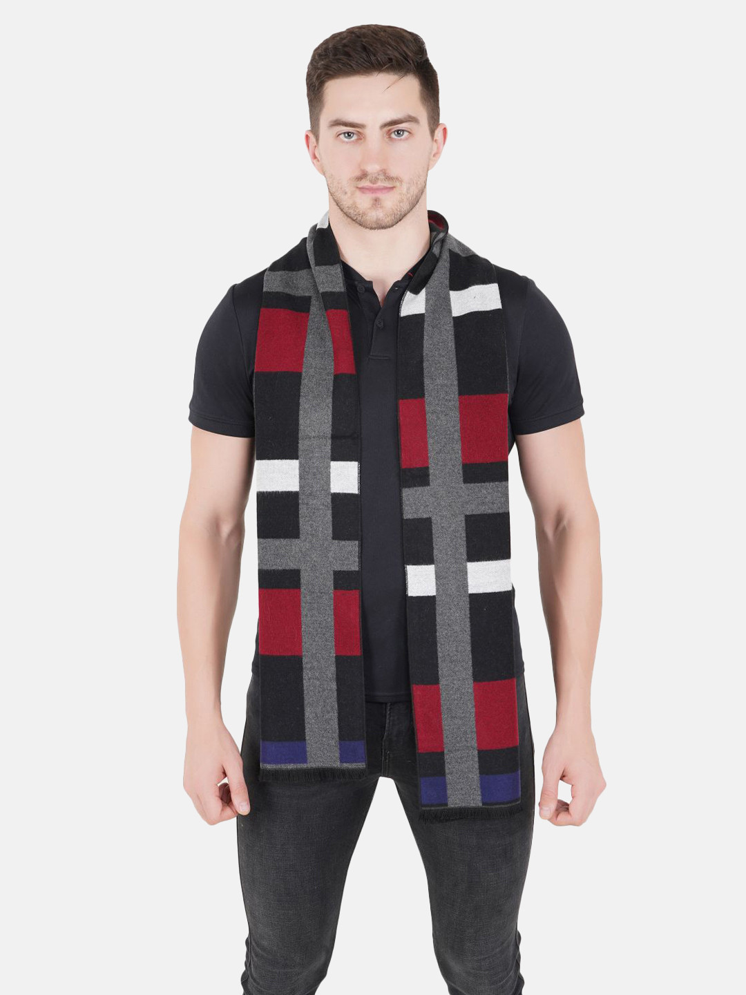 MUFFLY Unisex Red & Grey Checked Printed Wool Muffler
