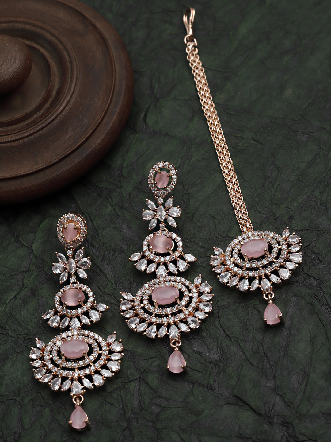 ZENEME Rose Gold Plated AD Studded Maang Tikka & Earrings Jewellery Set