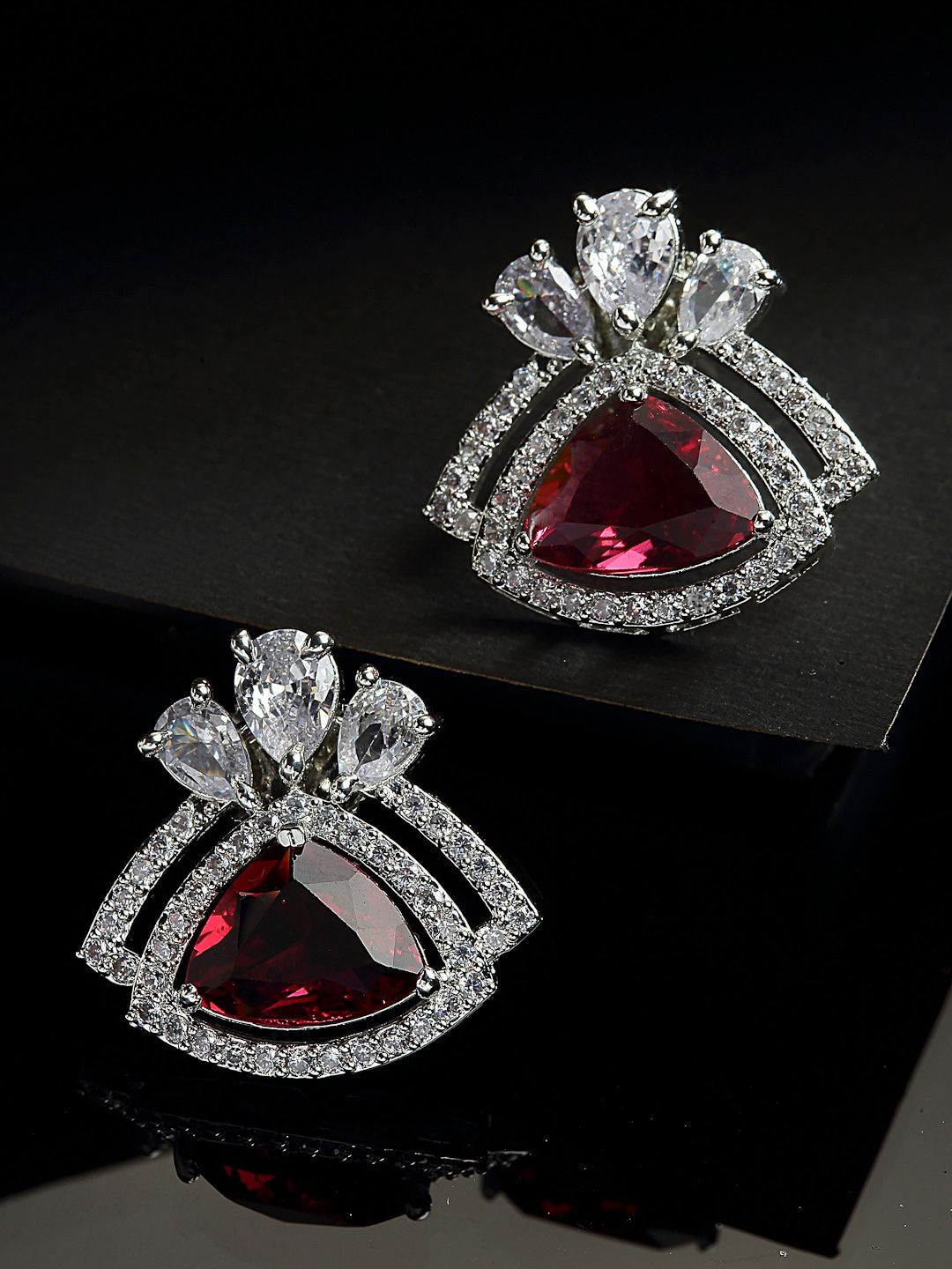 ZENEME Rhodium-Plated Triangular American Diamond Red Studded Studs Earrings