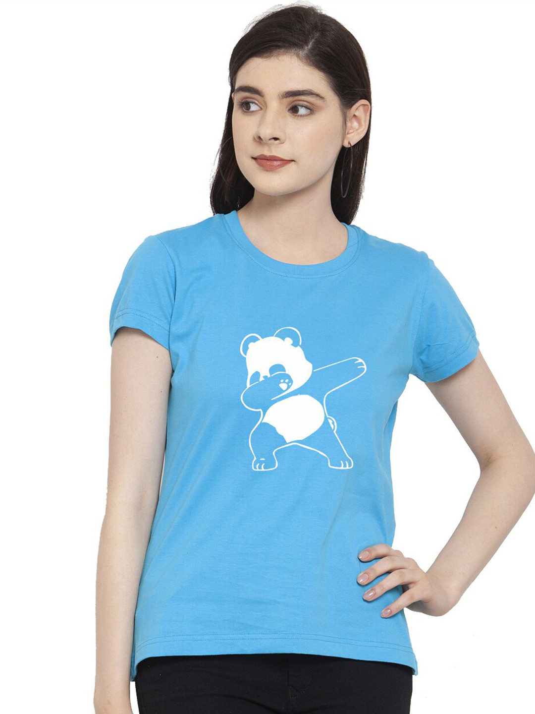 Friskers Women Turquoise Blue Panda  Printed T-shirt