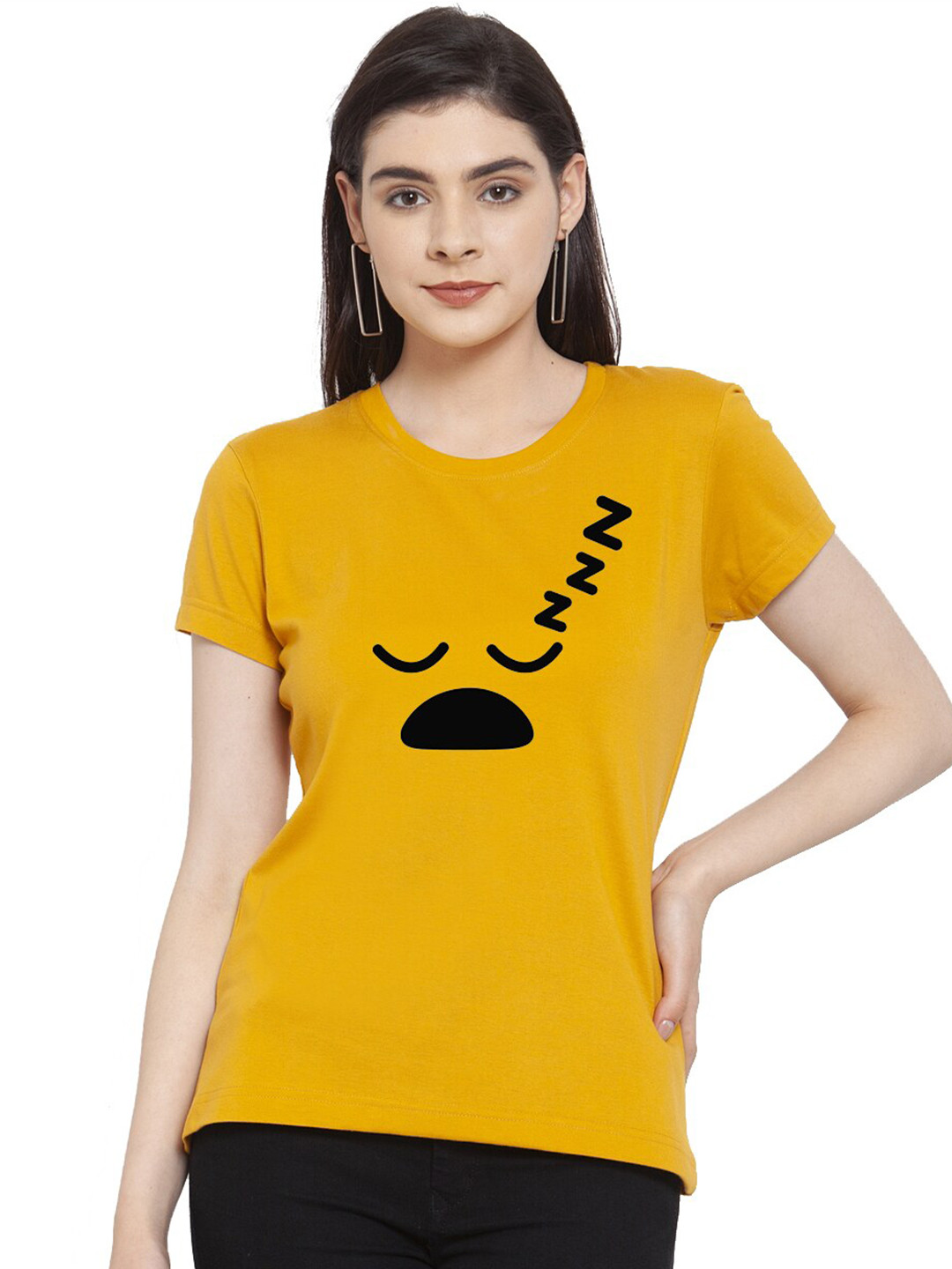 Friskers Women Gold-Toned  Sleepy Half  Printed T-shirt