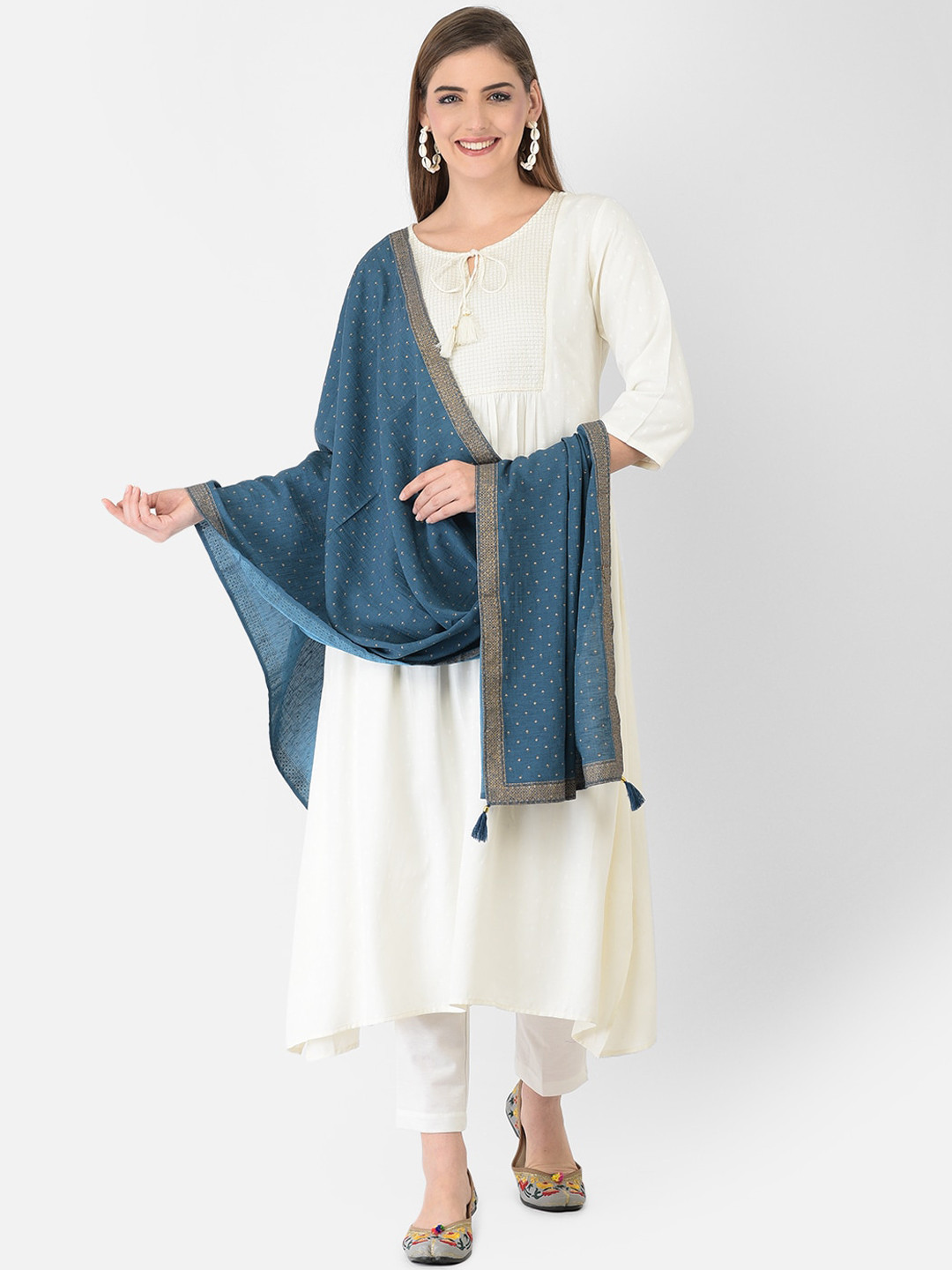 Span Women White Thread Work A-LINE Kurta