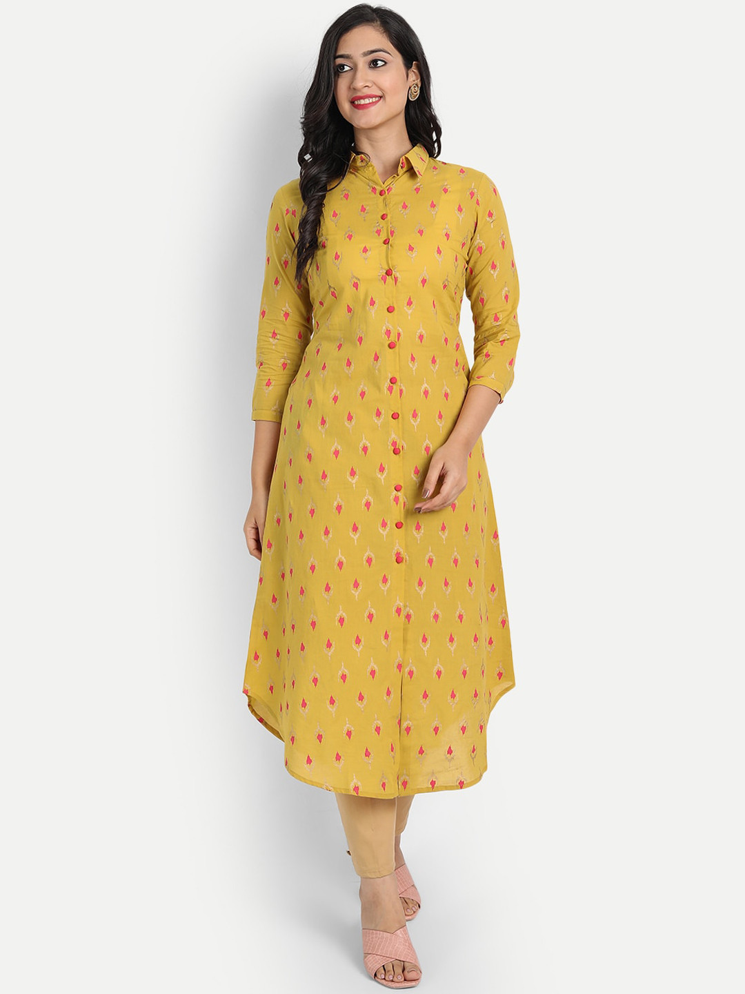 SUTI Women Yellow Floral Printed Front Slit Kurta