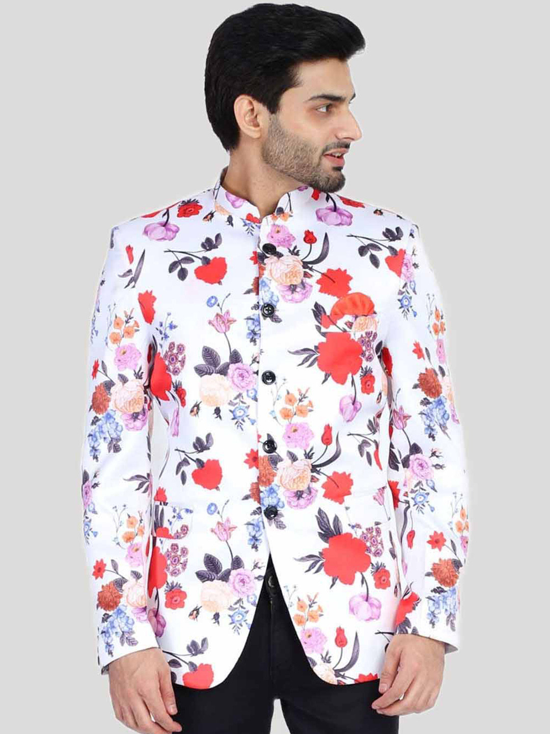 TAHVO Men White Printed Slim-Fit Single Breasted Blazer
