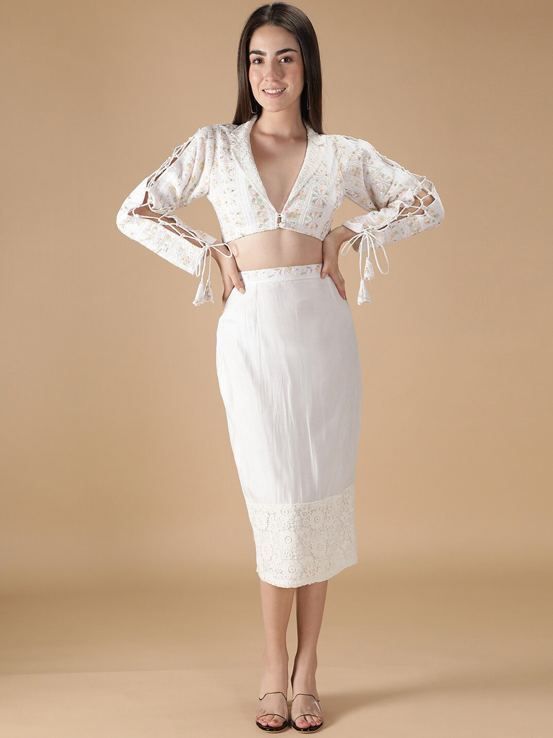 HANDME Women White Embroidered Co-Ord Set