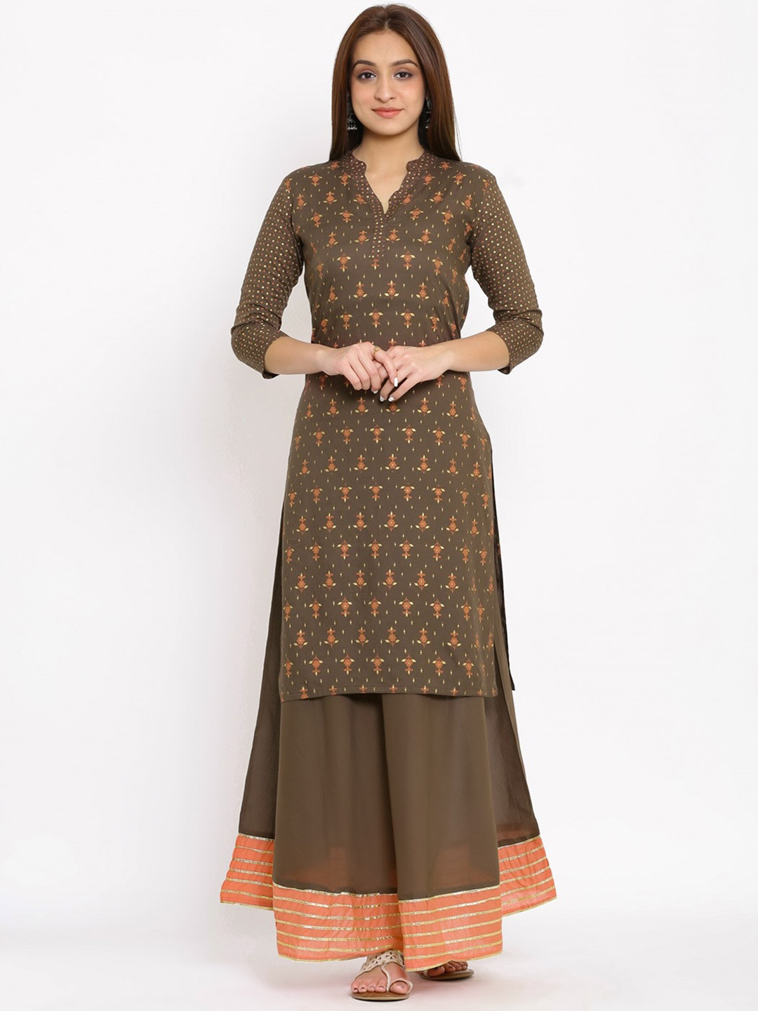 NeshamaKurti Women Brown Ethnic Motifs Printed Thread Work Kurta