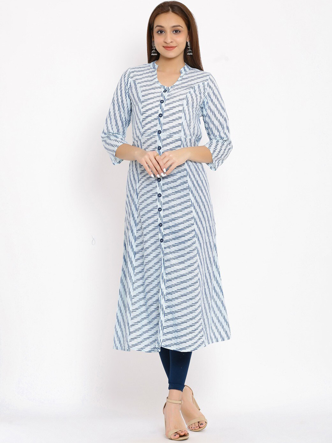 NeshamaKurti Women Blue Striped Thread Work Kurta