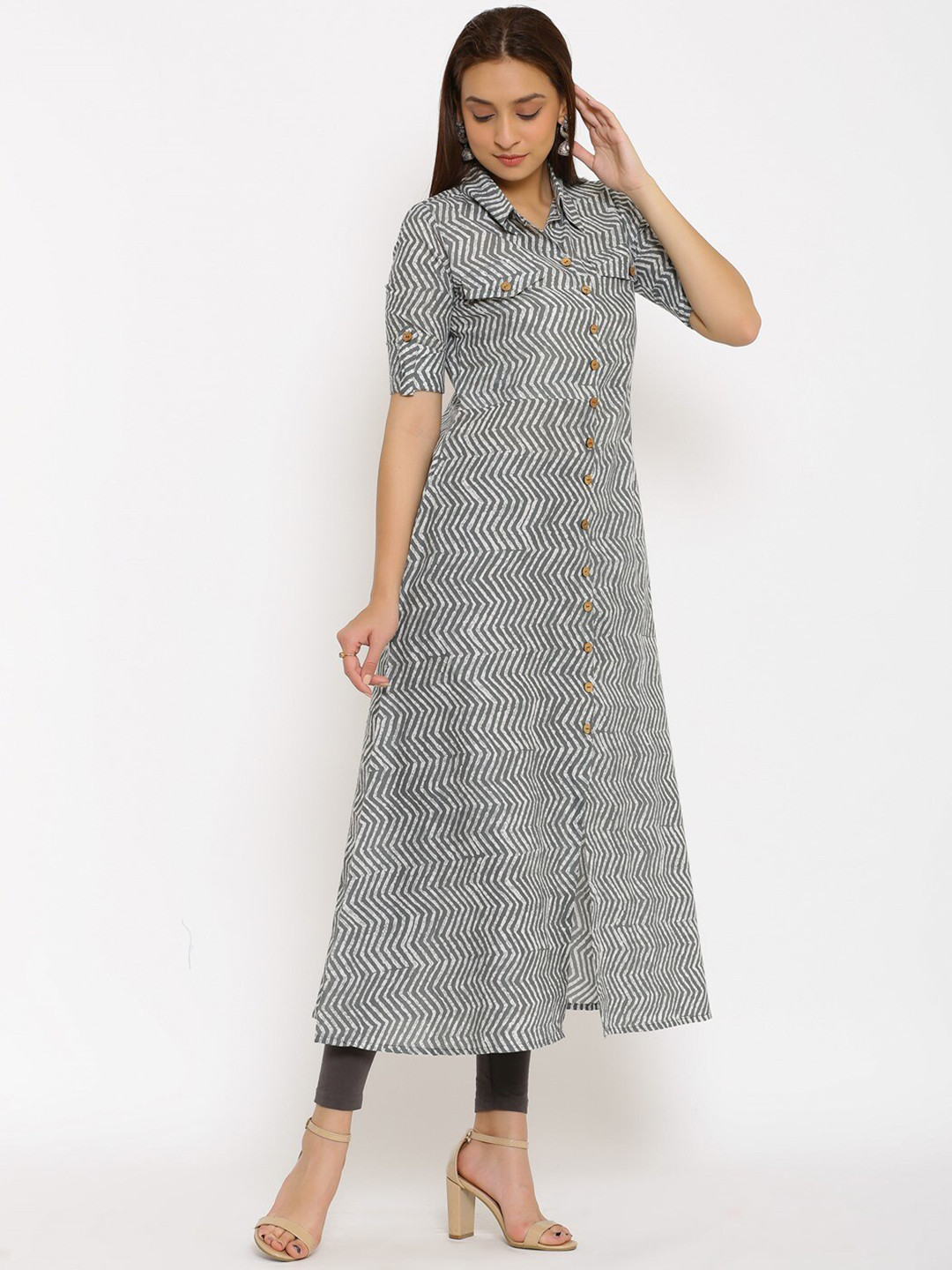 NeshamaKurti Women Grey Zig Zag Printed Kurta