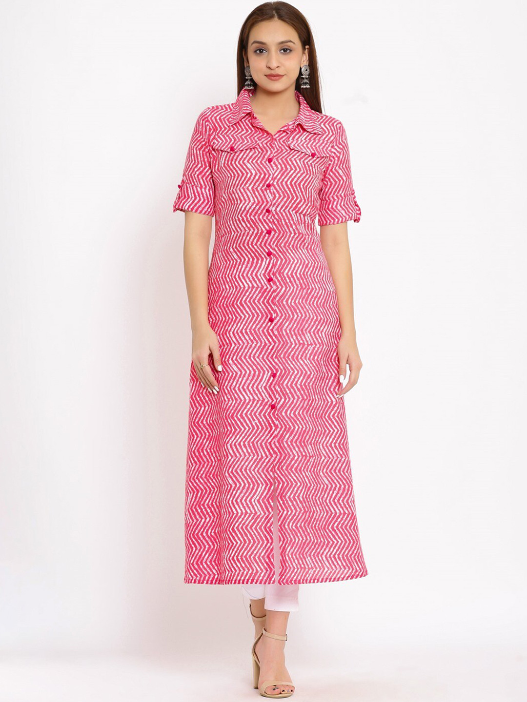 NeshamaKurti Women Pink & White Ethnic Motifs Printed Kurta