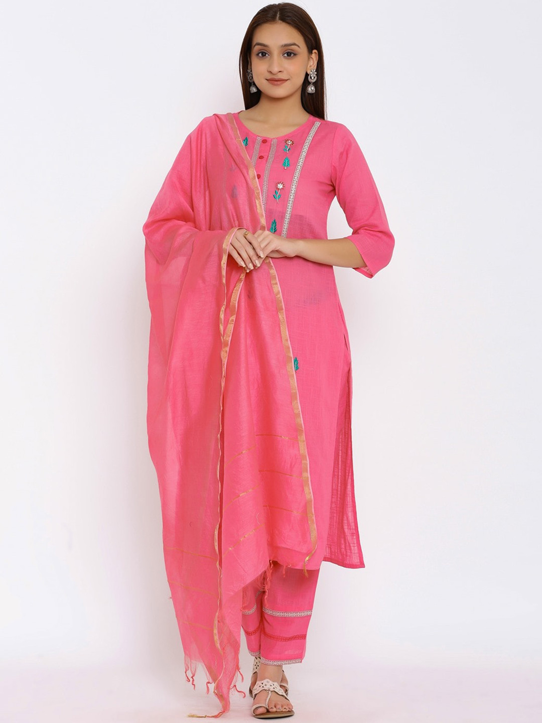 NeshamaKurti Women Pink Yoke Design Pure Cotton Kurta with Trousers & With Dupatta