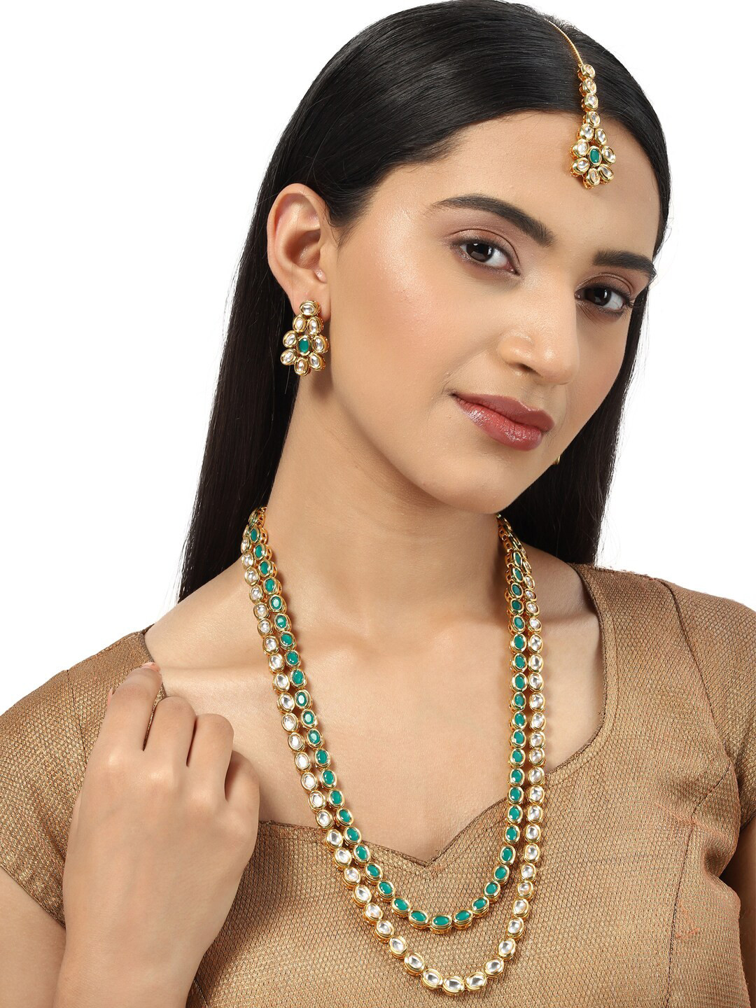 Kundan Gold Plated Long Necklace Set with Green Stones