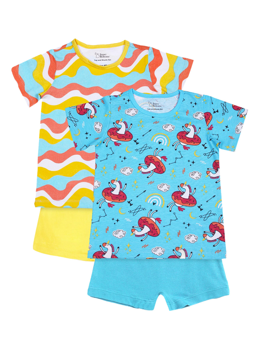 SuperBottoms Kids Blue & Yellow Pack of 2 Printed Sustainable T-shirt with Shorts