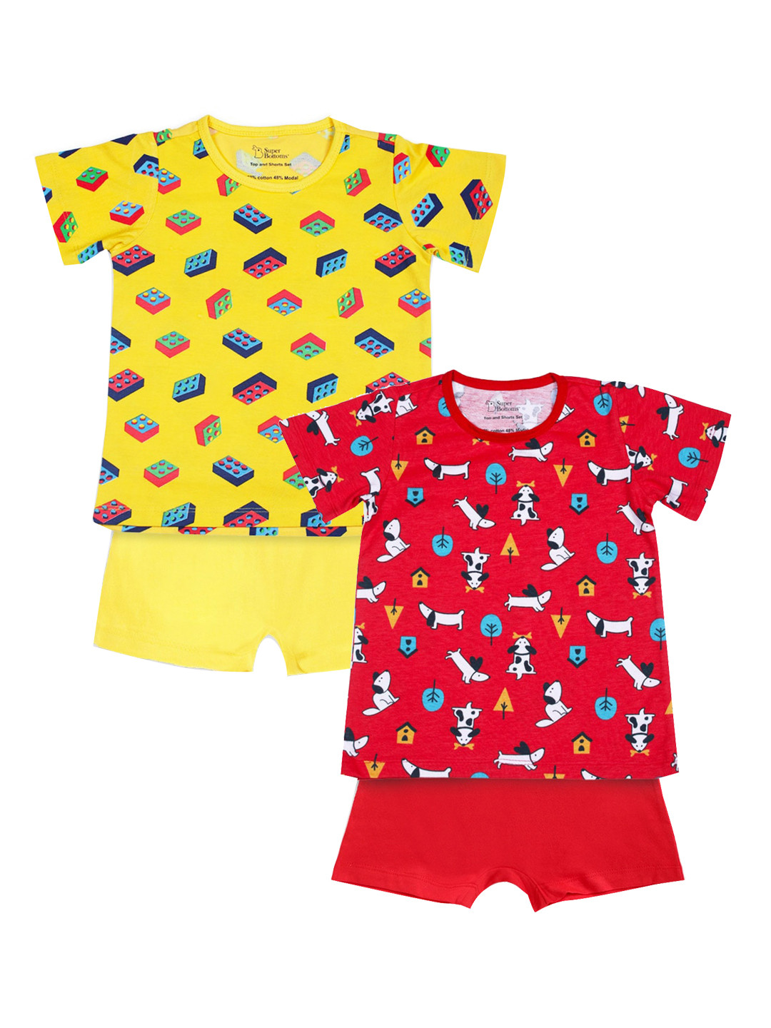 SuperBottoms Unisex Kids Red & Yellow Printed   T-shirt with Shorts