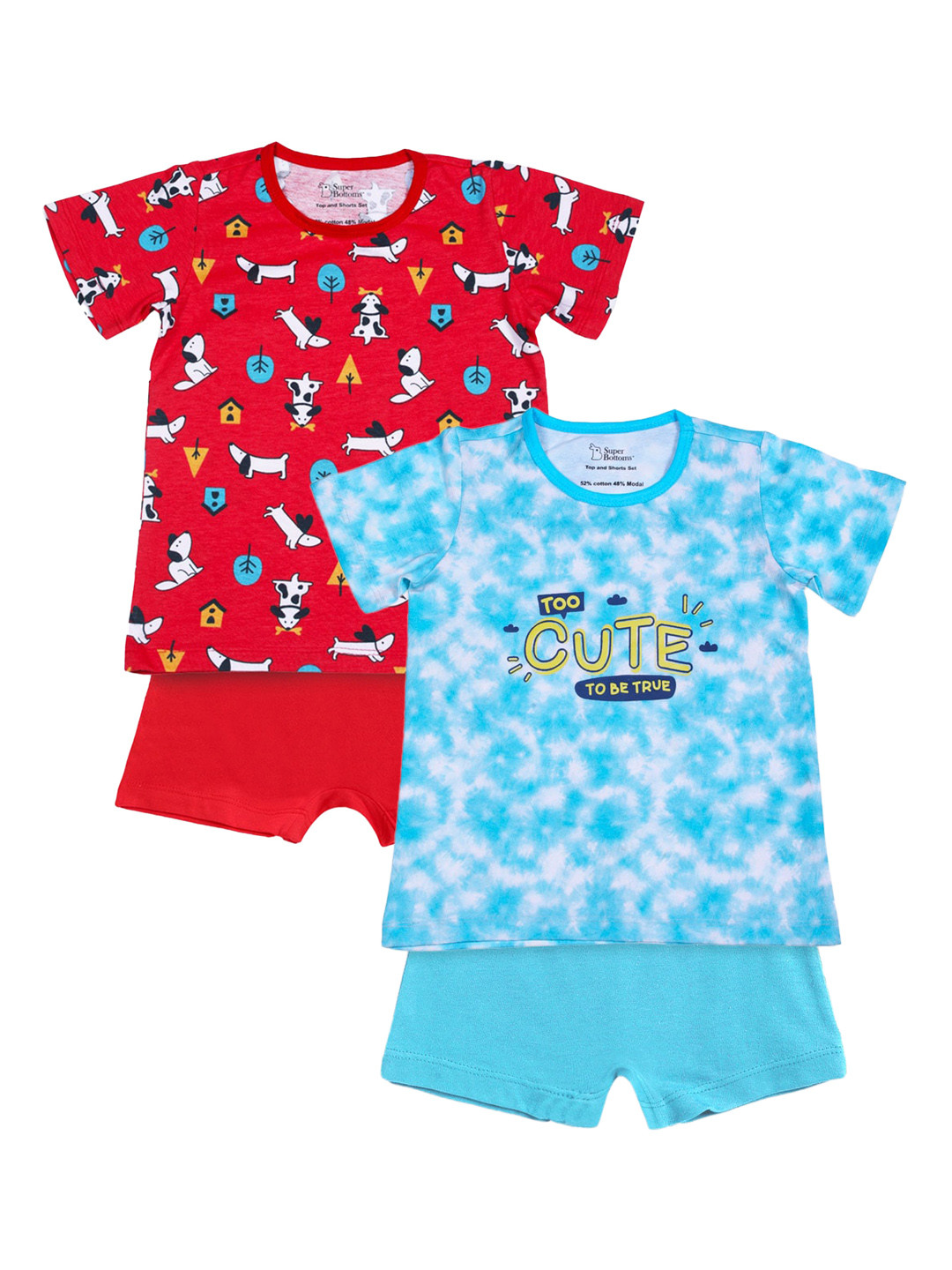 SuperBottoms Unisex Kids Red & Blue Printed   T-shirt with Shorts
