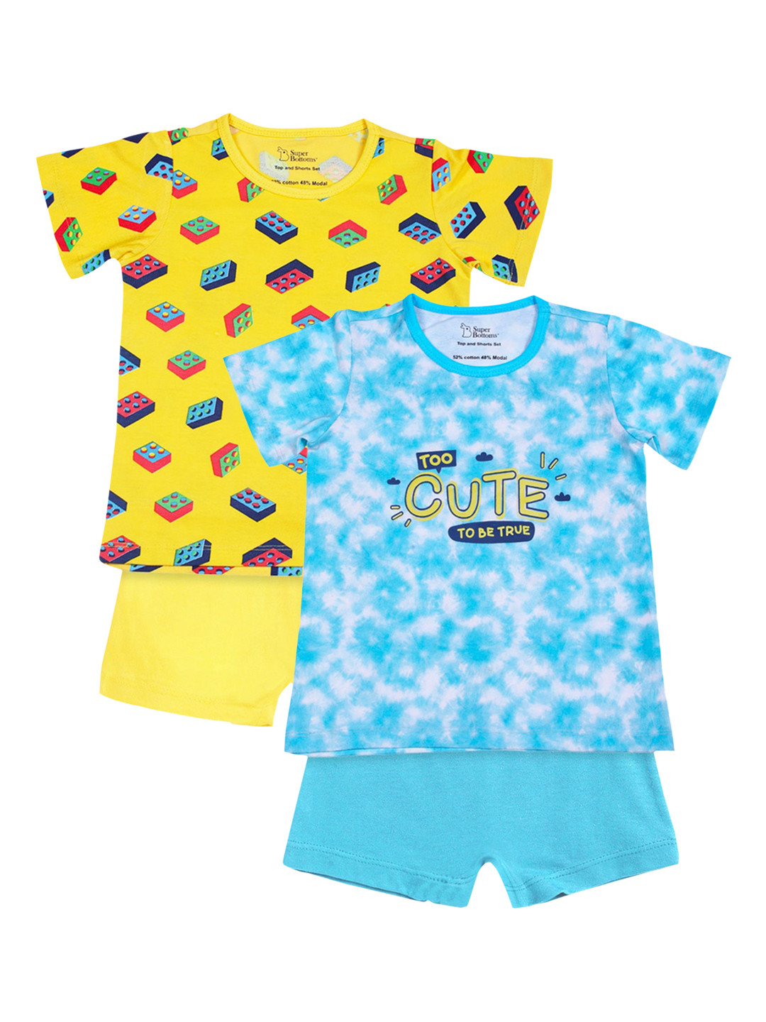 SuperBottoms Unisex Pack of 2 Kids Blue & Yellow Printed   T-shirt with Shorts