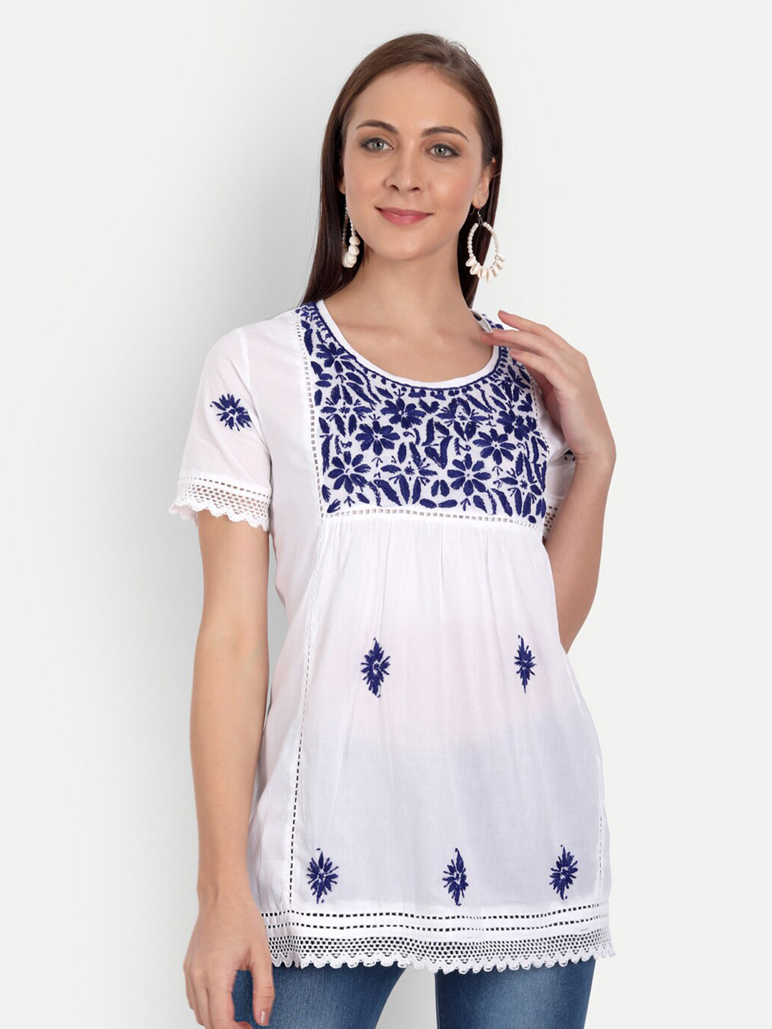 Indiankala4u women's White & Blue Embellished Embroidered Top
