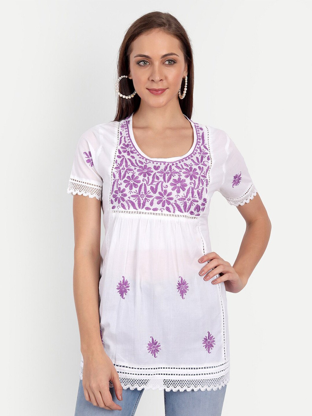 Indiankala4u women's White & Purple Floral Embroidered Empire Top