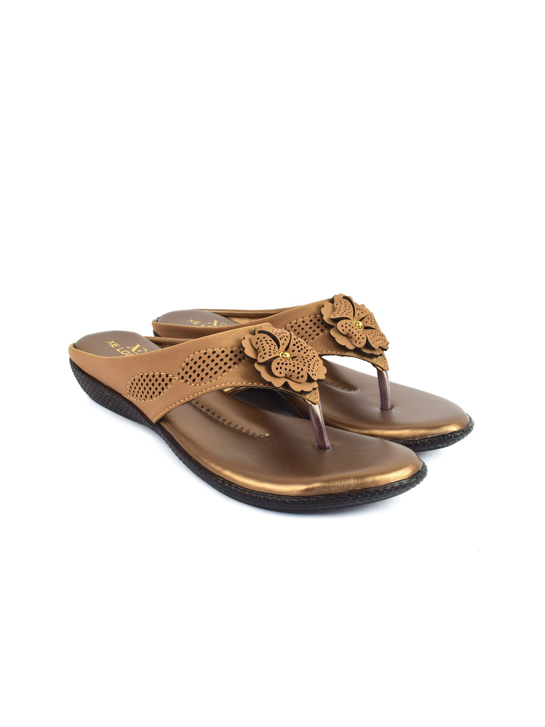 XE Looks Women Copper-Toned Embellished T-Strap Flats