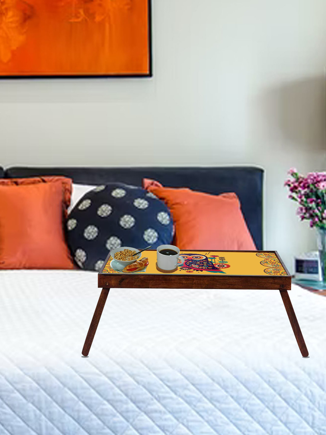 GLOBALLY INDIAN Orange Owl Printed Wooden Foldable Breakfast Table