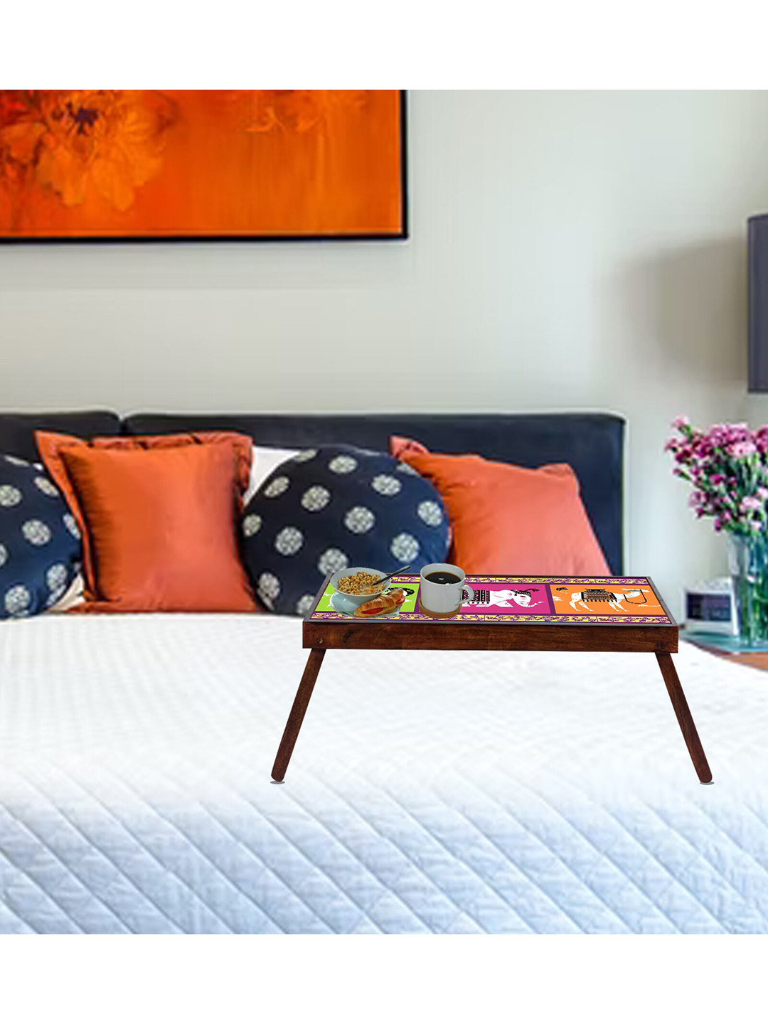 GLOBALLY INDIAN Orange Indian Trio Animal Printed Breakfast Wooden Table