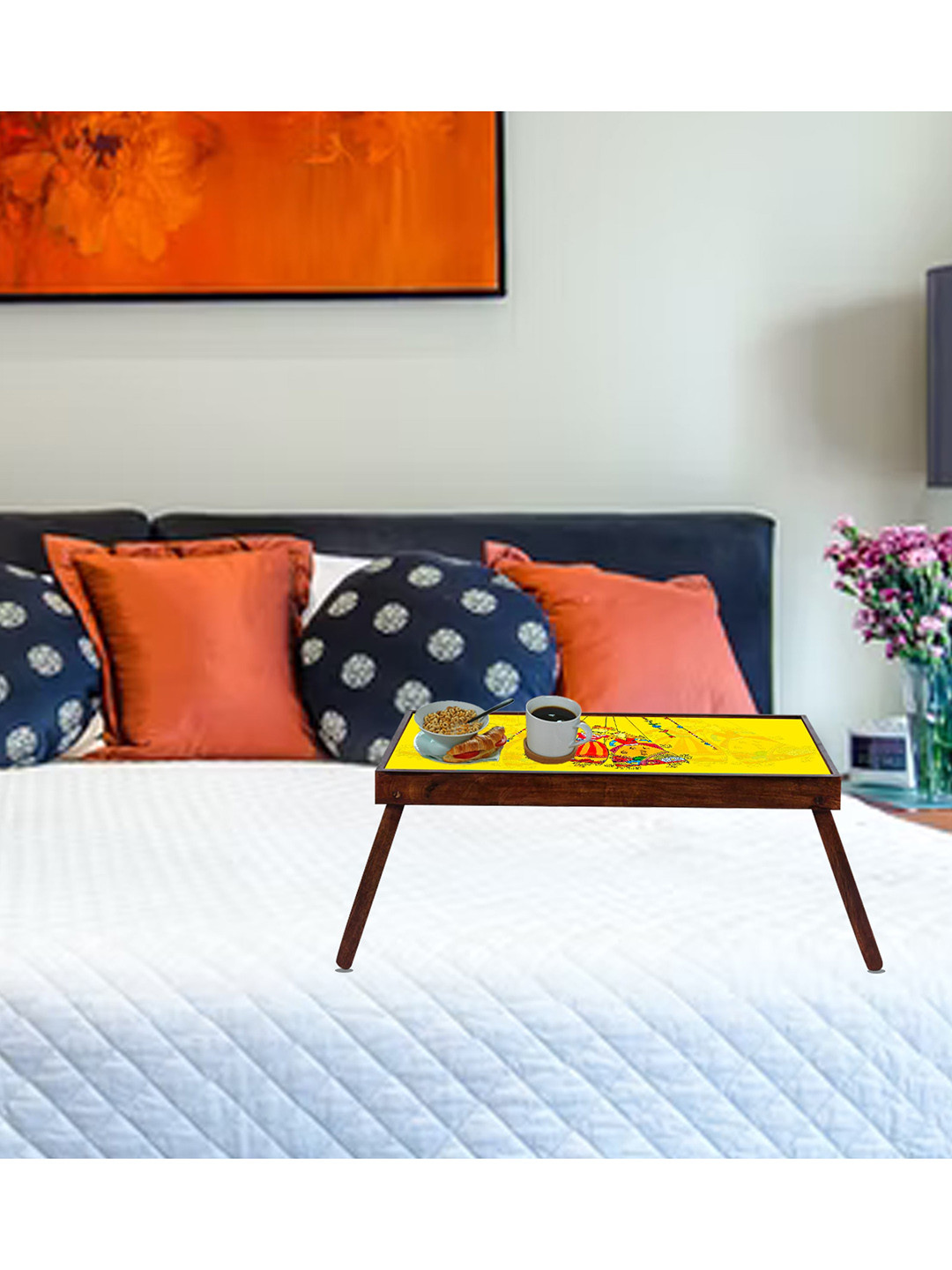 GLOBALLY INDIAN Yellow Indian Puppet Printed Breakfast Wooden Table