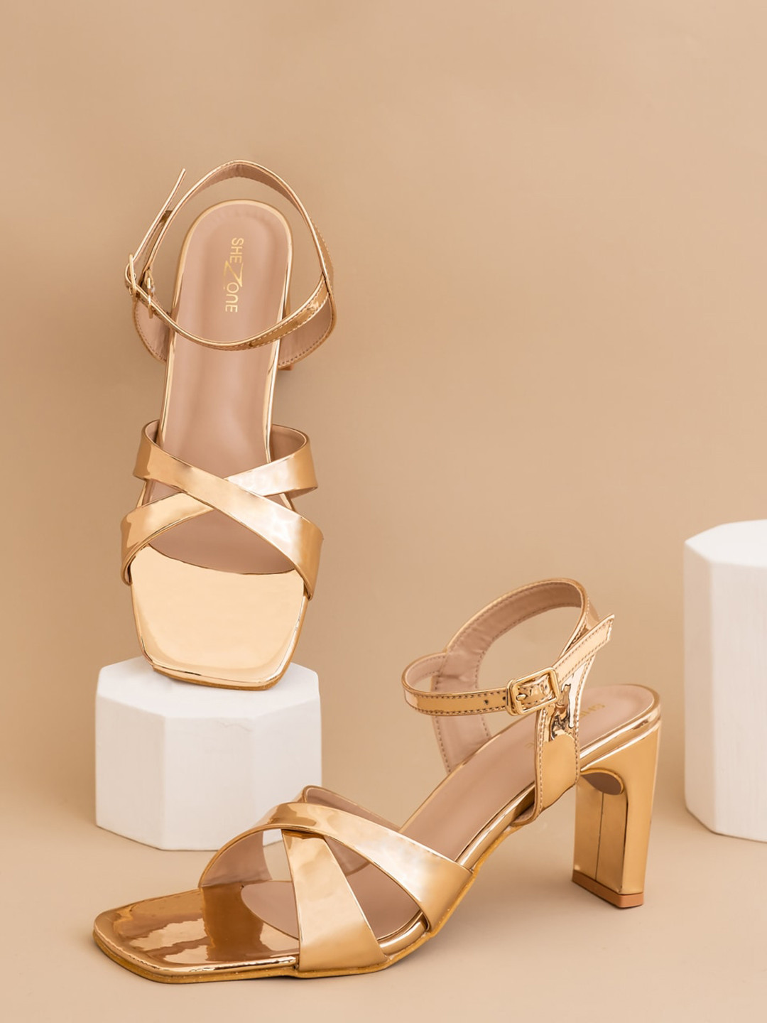 Shezone Women Rose Gold Block Sandals with Buckles