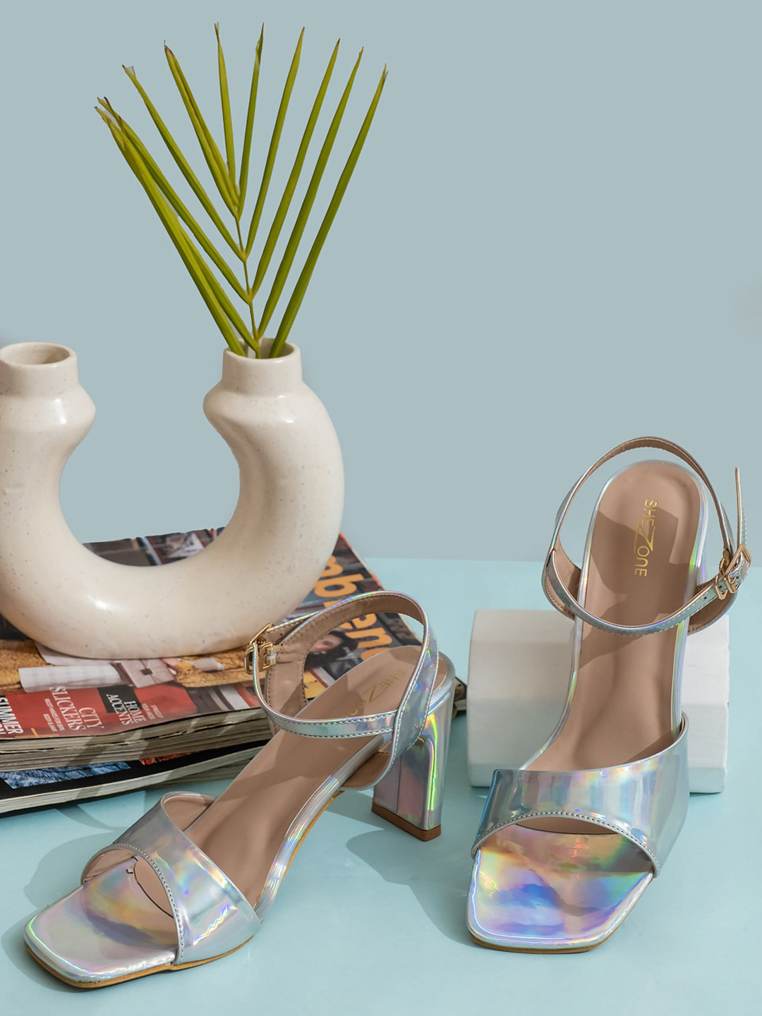 Shezone Silver-Toned Printed Block Pumps with Buckles