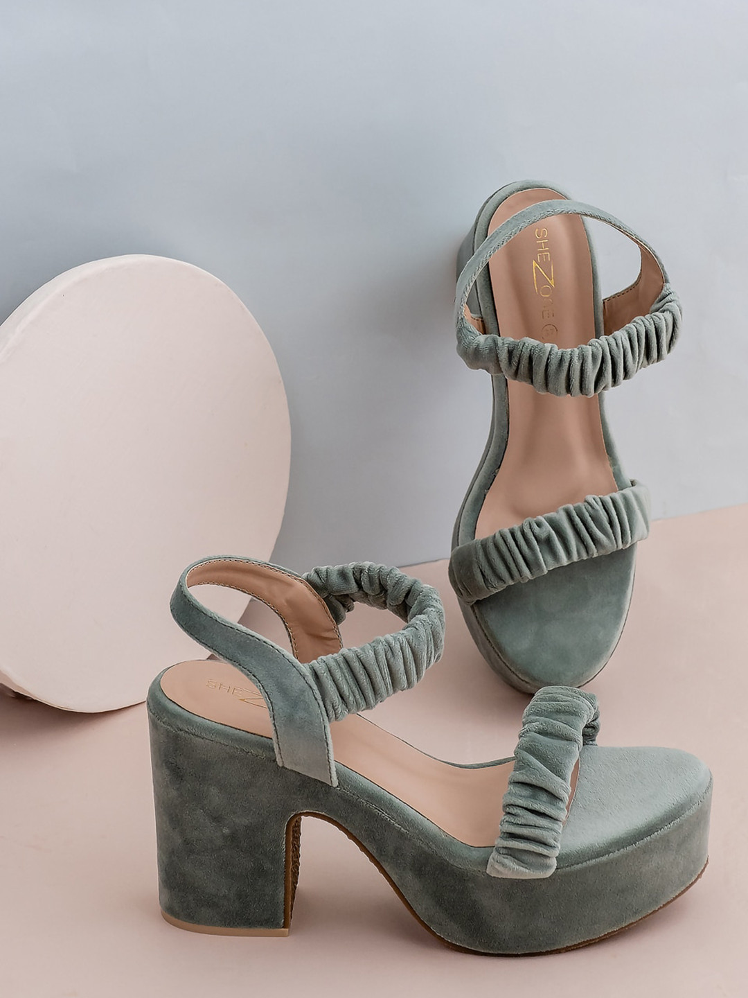 Shezone  Womens Sea Green Textured Suede Block Heels