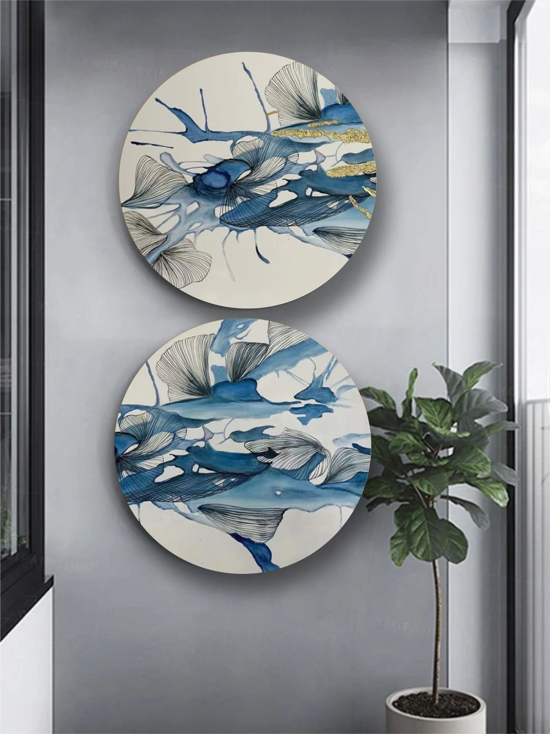 The Art House Blue Canvas 2 Pcs Wall Living Room Round Paintings Wall Art -40 x 20In