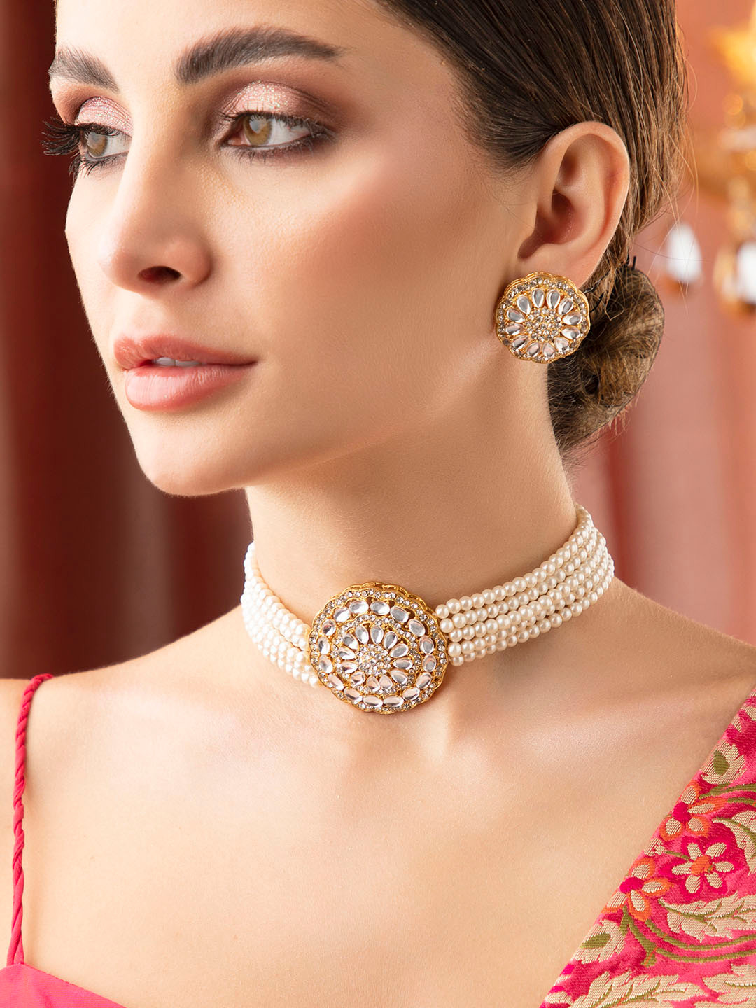 Rubans 22K Gold-Plated White Kundan-Studded Choker Set with Multi-Strand Pearl Beads