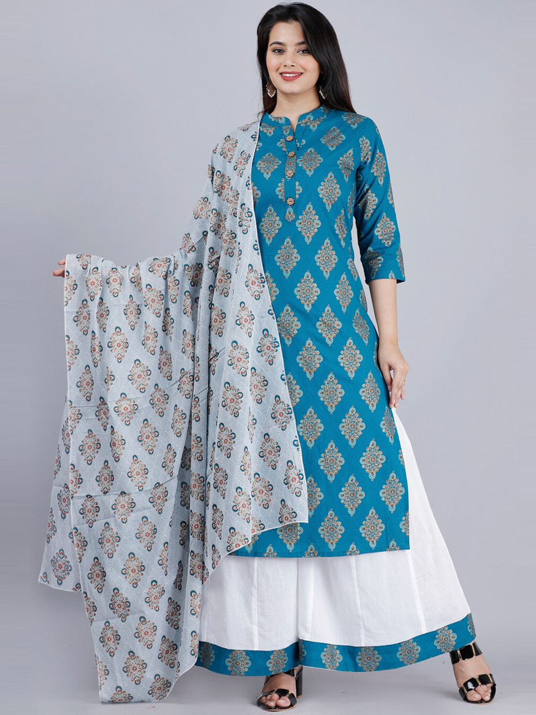 MAUKA Women Teal Printed Pure Cotton Kurta with Palazzo & Dupatta