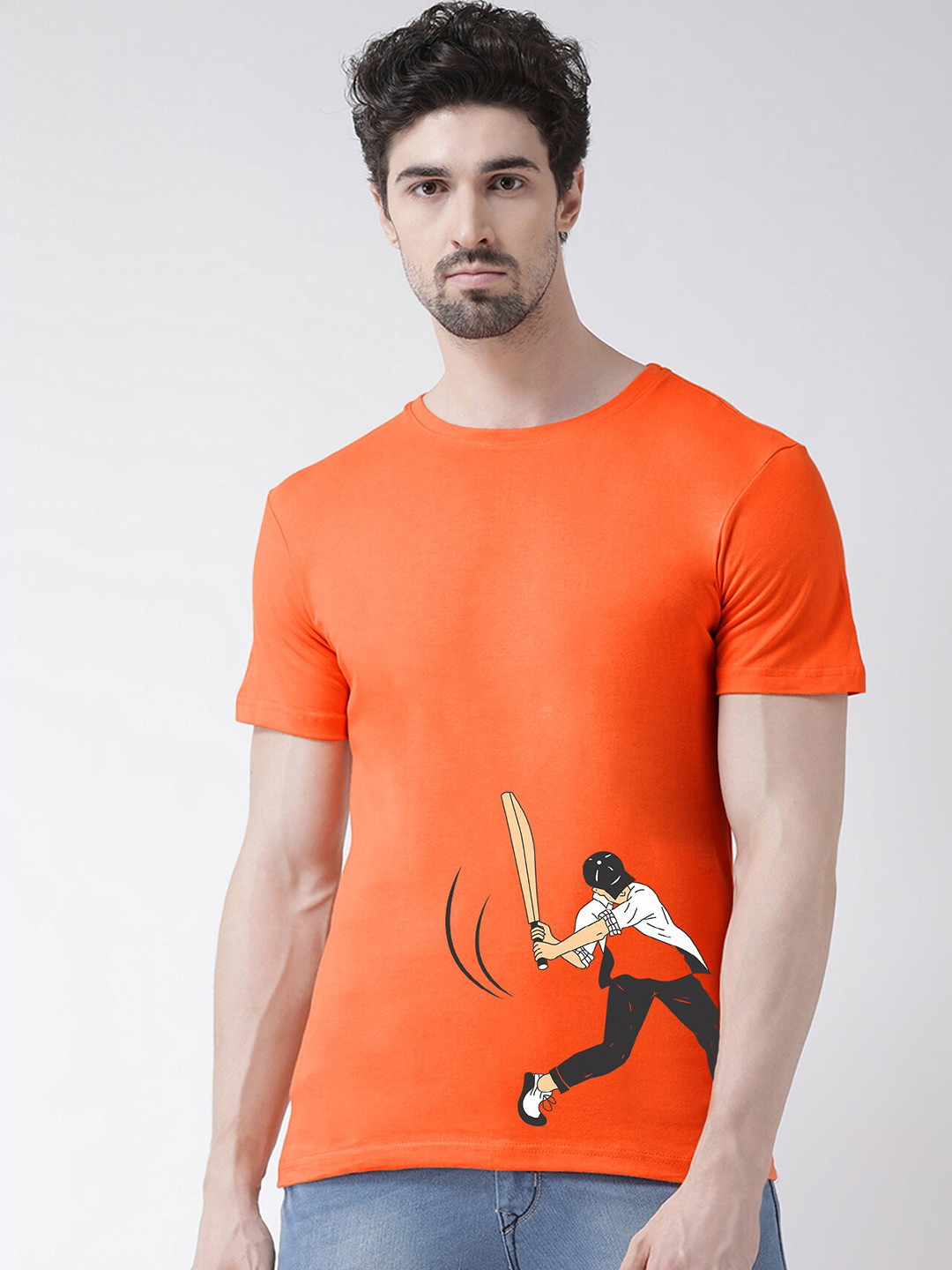 Friskers Men Orange Criket design Printed T-shirt
