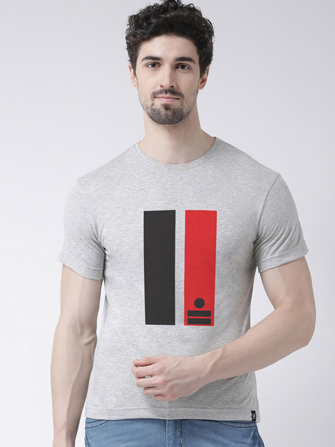 Friskers Men Grey Two Straight line Printed Half Sleeve T-shirt