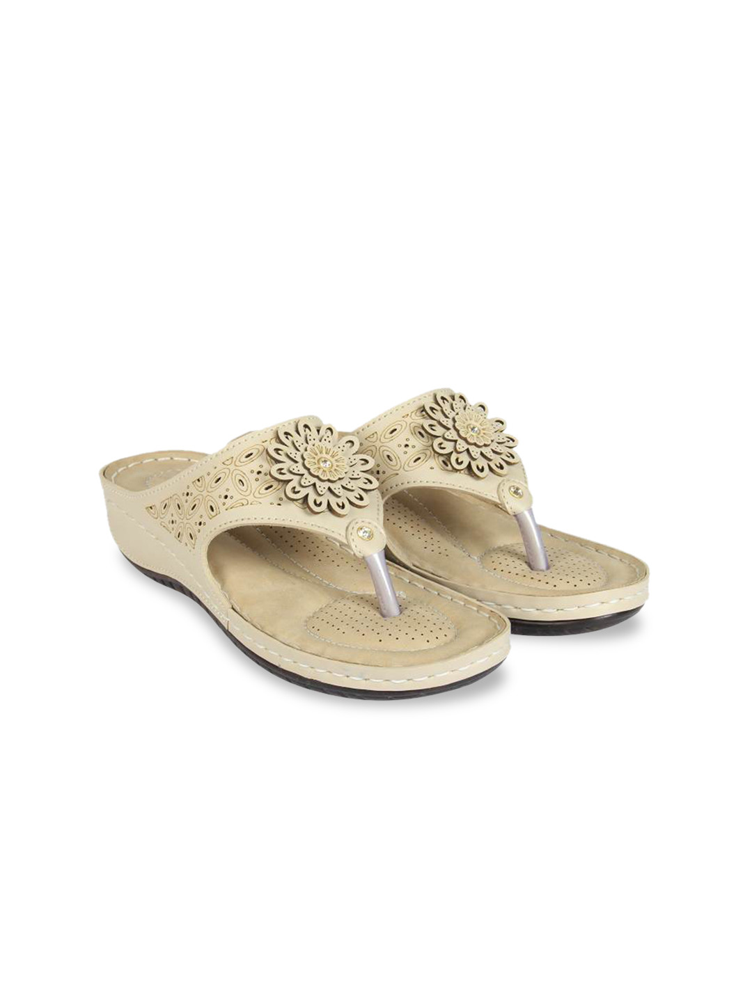 XE Looks Women Cream-Coloured Printed Laser Cuts Open Toe Flats
