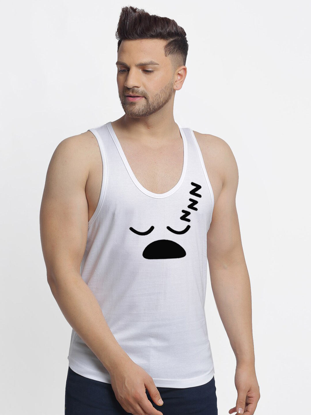Friskers Men White Printed Sleeveless T-shirt