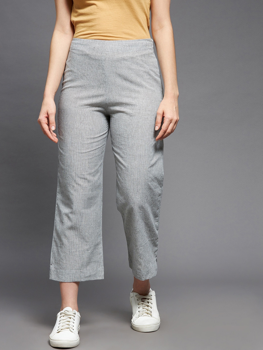 Indian Dobby Women Grey Straight Fit Trousers