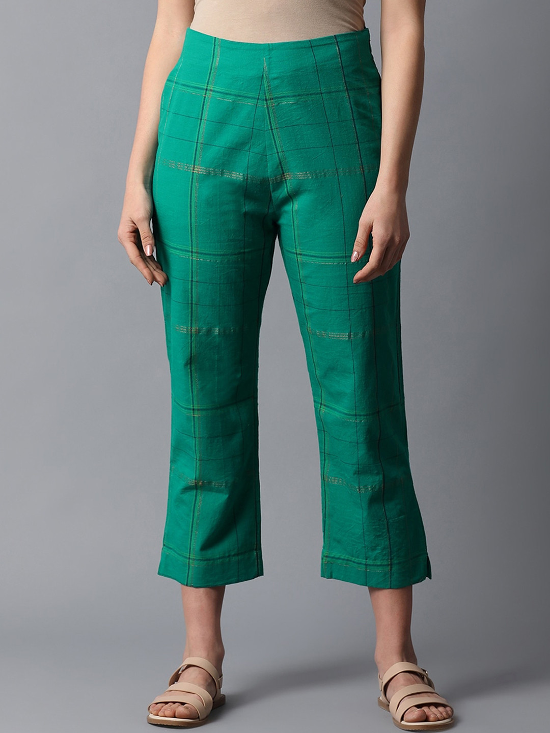 Indian Dobby Women Green Straight Fit Trouser
