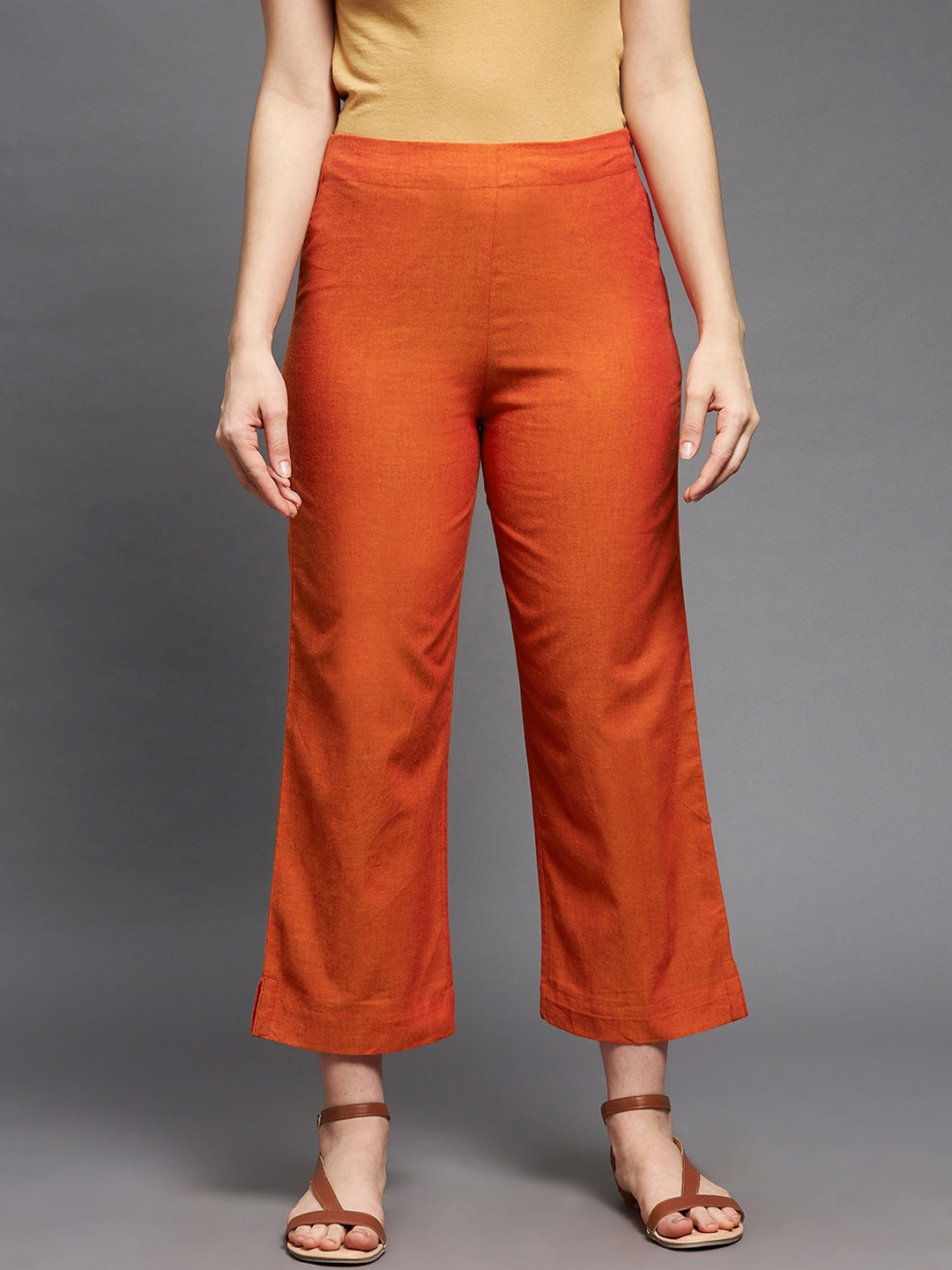 Indian Dobby Women Rust Straight Fit Trousers
