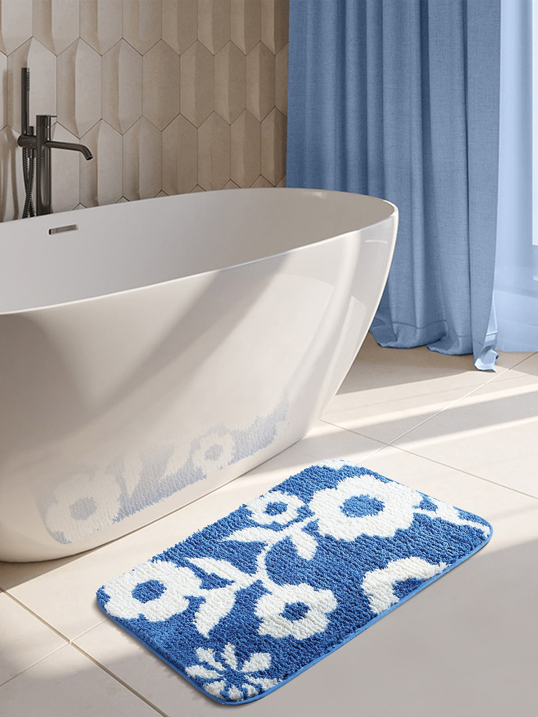 OBSESSIONS Blue & White Floral Anti-Skid 1400 GSM Rectangular Bath Rug
