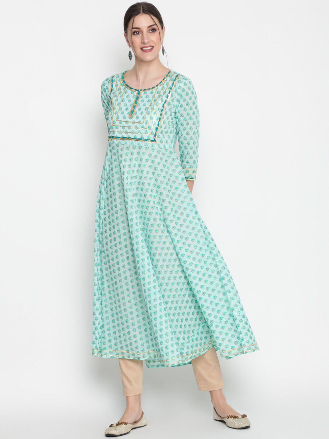 GLAM ROOTS Women Sea Green Ethnic Motifs Printed Anarkali Kurta