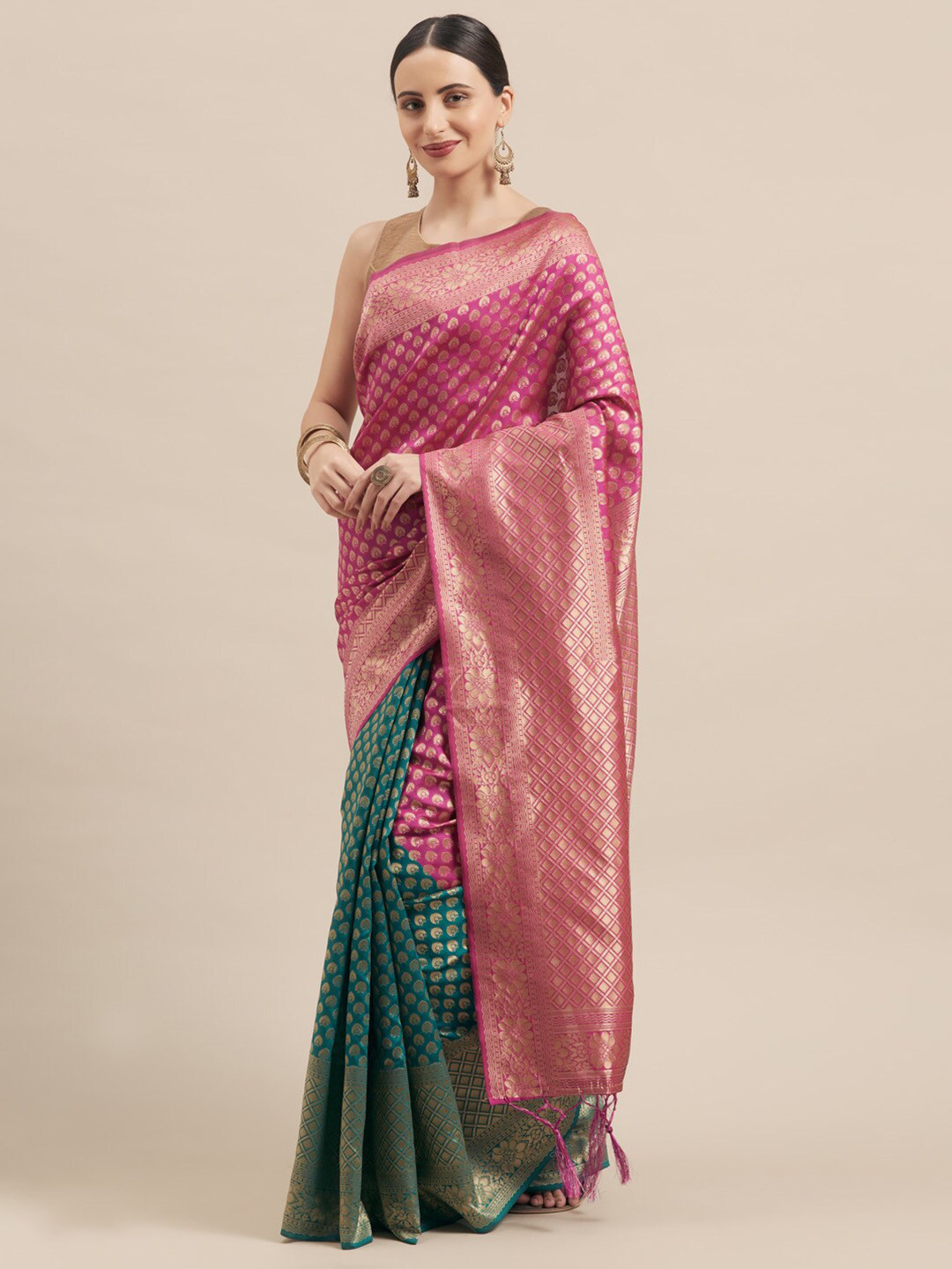 SHADOW & SAINING Blue & Pink Woven Design Zari Silk Blend Banarasi Saree