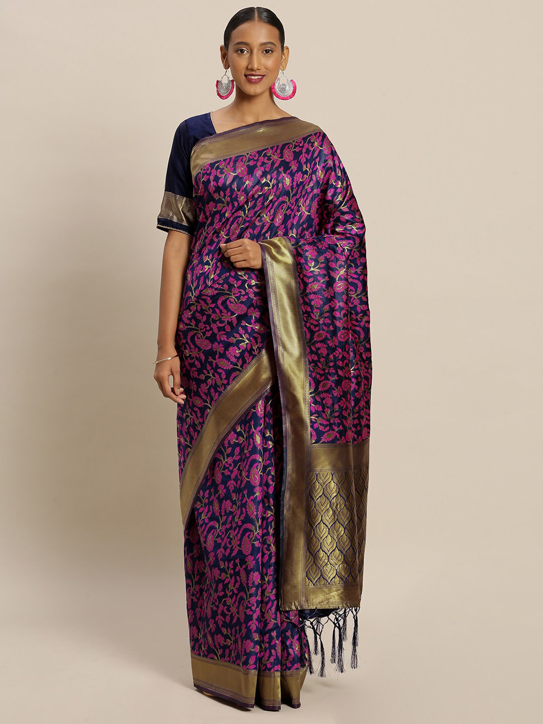 SHADOW & SAINING Gold-Toned & Navy Blue Woven Design Zari Silk Blend Banarasi Saree