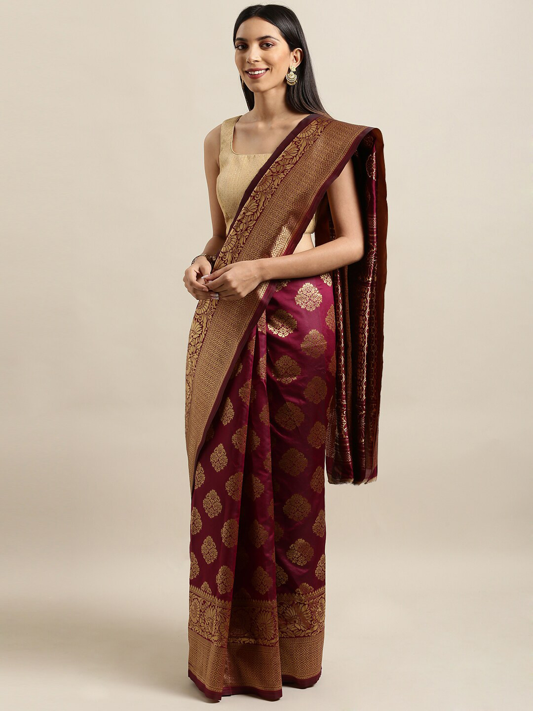 SHADOW & SAINING Burgundy & Gold-Toned Woven Design Silk Blend Banarasi Saree