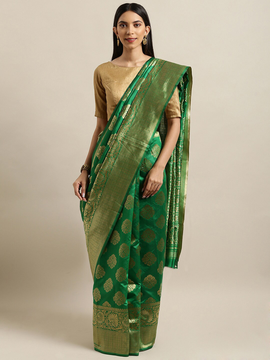 SHADOW & SAINING Green & Golden Ethnic Motifs Zari Silk Blend Banarasi Saree