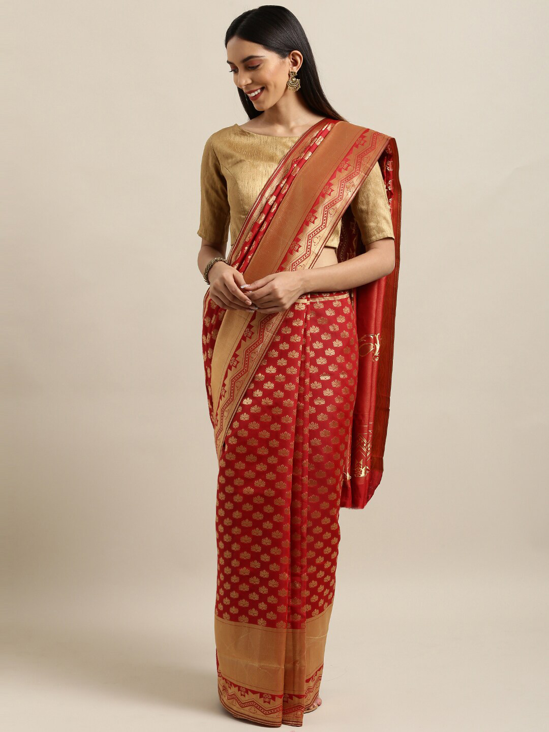SHADOW & SAINING Red & Gold-Toned Woven Design Silk Blend Banarasi Saree