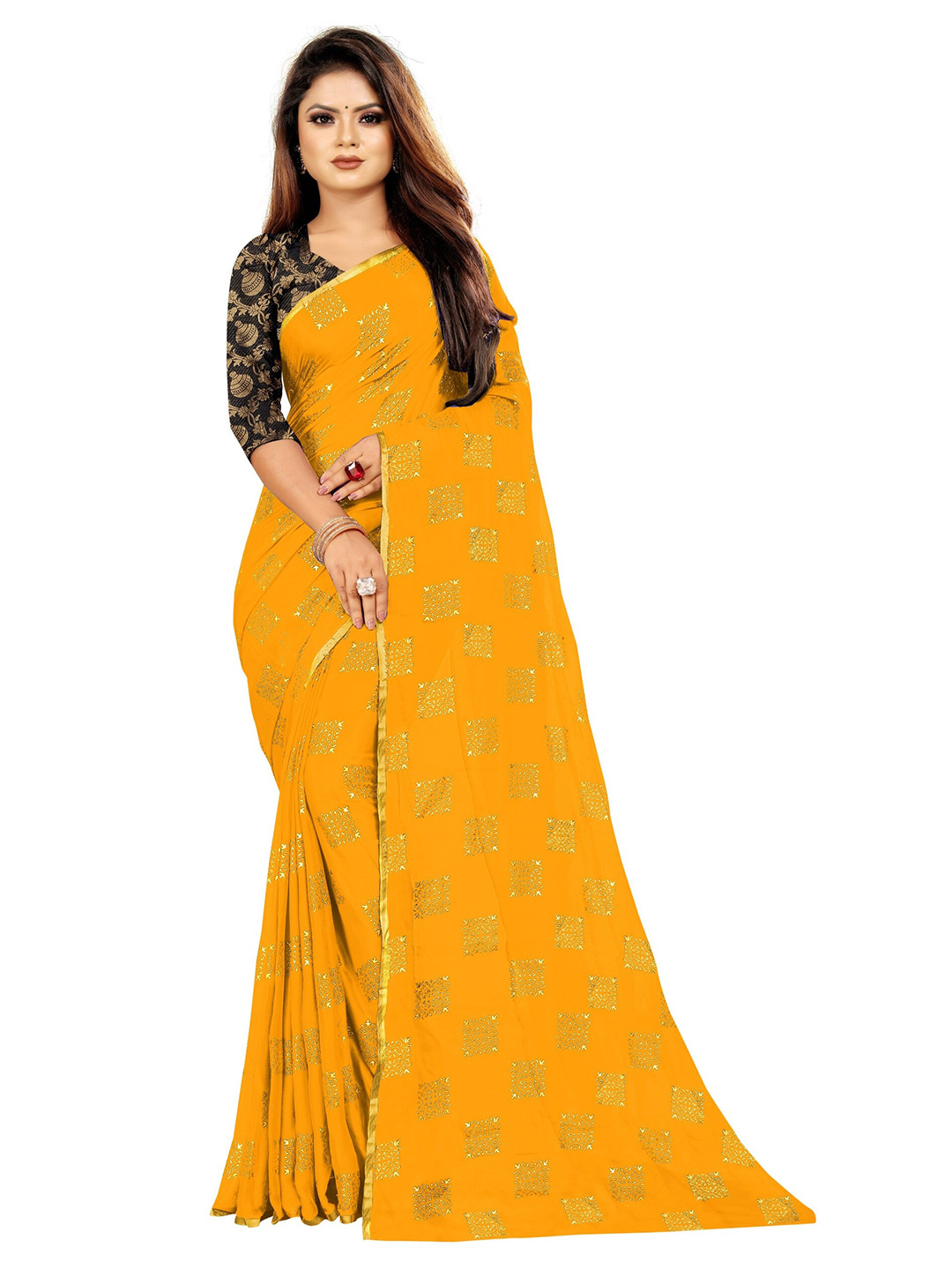 Rhey Yellow & Gold-Toned Ethnic Motifs Printed Saree