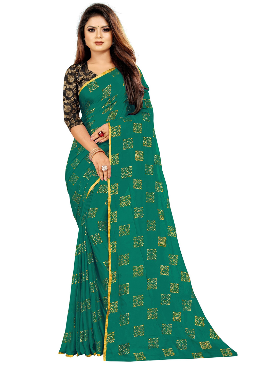 Rhey Green & Gold-Toned Checked Beads and Stones Fusion Saree